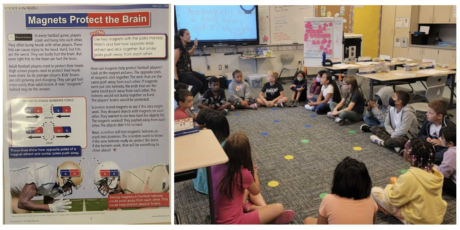 On the left a poster describes how magnets protect the brain. It shows how magnets can attract and repel each other, and generate force through magnetic poles, as well as shows two football players with a caption reading: Strong magnets in football helmets could push away from each other. This could help protect football players' brains. On the right, a teacher asks the students in the class if magnets are a good safety option why or why not.