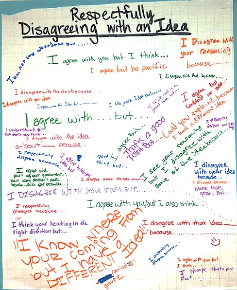 Students ideas of responses on how to respectfully disagree with an idea such as I agree with you but I think... and I agree with... but... and I know where you are coming from but I have a different idea.